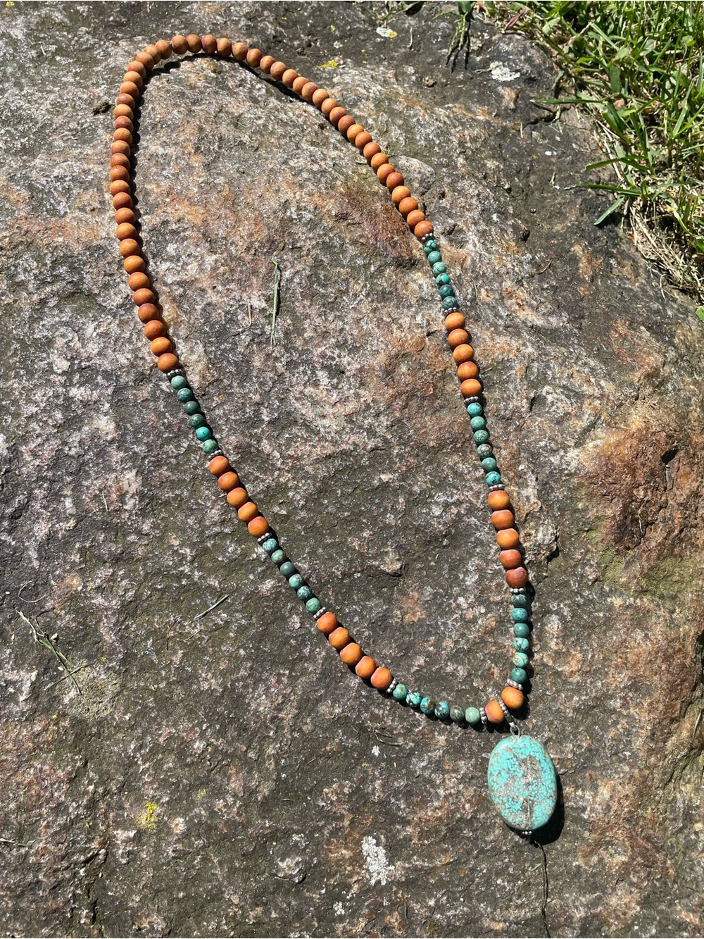 Turquoise and Brown Beaded Pendant Necklace - Artisan Women Jewelry